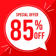 85 percent off. Discount for big sales. Yellow balloon on a red background.