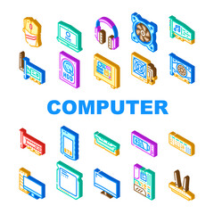 Computer Accessories And Parts Icons Set Vector. Computer Mouse And Keyboard, Video And Audio Card, Hdd And Ssd Electronic Disk, Ram And Cpu Motherboard Component Isometric Sign Color Illustrations