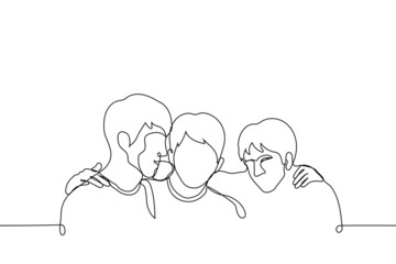 three male friends hugging by the shoulders - one line drawing vector. male friendship concept, skinship