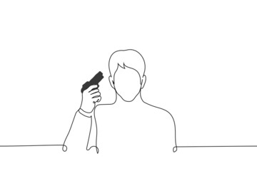 man raised his hand in which short range pistol - one line drawing vector. concept of selling weapons, offering or advertising weapons