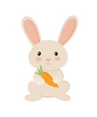 Beige cute easter bunny sitting with a carrot in his hands. Vector illustration in cartoon style.