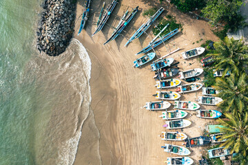 Aerial View of Fisher Boats on the Beach in Galle, Sri Lanka. 