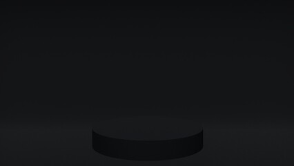 Black cylinder pedestal for cosmetics and products promotion blank tamplate concept. Abstract black minimalistic background. Realistic 3d render. Place for text, copy space	