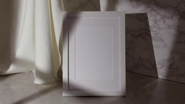 Blank A4 frame mock up for art work on neutral background with curtain and marble