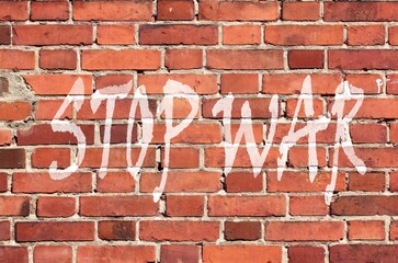 Fototapeta na wymiar stop war, white inscription on a brick wall, illustration