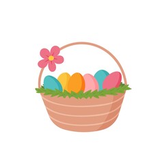 Easter basket with colorful eggs. Vector illustration in cartoon style.