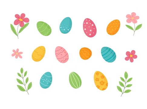 Easter eggs with flowers and leaves.Vector illustration in cartoon style.