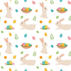 Seamless repeat pattern with easter bunny and eggs basket.Vector illustration in cartoon style.