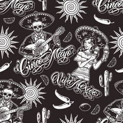 Mexican party monochrome seamless pattern