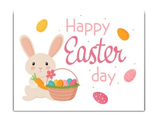 Easter card with an inscription. Rabbit with carrots and a basket of eggs.Vector illustration in cartoon style.