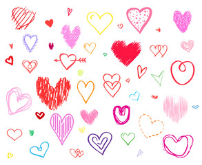 Hand drawn multicolored hearts on white background. Set of love signs. Unique illustration for design. Line art creation