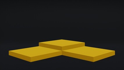 Three golden cube squares pedestal for cosmetics and products promotion blank tamplate concept. Abstract minimalistic background. Realistic 3d render. Place for text, copy space, text area