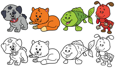 vector illustration set of cartoon pets animals and variants for coloring book