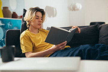 teenager boy reading book at home - obrazy, fototapety, plakaty