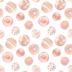 Seamless watercolor pattern of hand drawn gradient circles on a white background.
Delicate pink, beige, peach colors.
Abstract pattern for printing on textiles, paper and accessories.