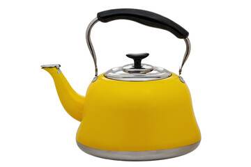 Yellow metal teapot isolated on white background