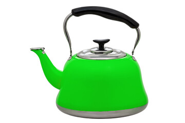 Green metal teapot isolated on white background