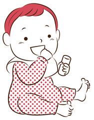 Two-color vector illustration of a baby sitting with a smile