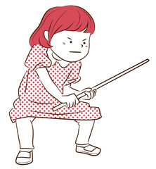 Two-color vector illustration of a girl holding a stick