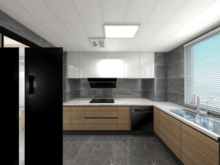 3D rendering,Modern family kitchen design, new cabinets and kitchenware with refrigerators, sunlight from the window.
