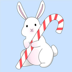 Cute Christmas Bunny. Rabbit, symbol of 2023. White Christmas rabbit with candy cane.