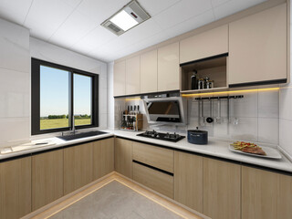 3D rendering,Modern family kitchen design, new cabinets and kitchenware with refrigerators, sunlight from the window.