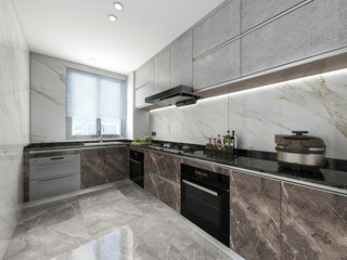 3D rendering,Modern family kitchen design, new cabinets and kitchenware with refrigerators, sunlight from the window.