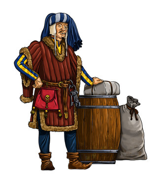 Profession - merchant. Illustration with medieval merchant with goods.