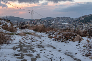Snow in the Druze village of Beit-Jann in winter, Mount Meron, Upper Galilee, Northern Israel, Israel.