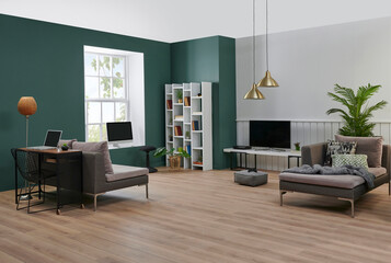 Modern living room concept with furniture object, white bookshelf, book, television unit, middle table lamp, carpet detail, green wall background.