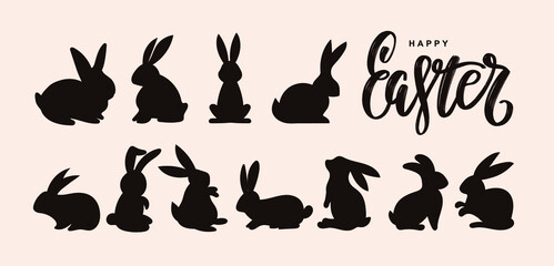 Set of hare shadow design element. Silhouette for card, poster, sticker, pattern. Easter bunny, rabbit. Cute animal silhouette. Vector illustration isolated on white background.