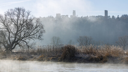 the river landscape of the werra valley at herleshausen in the early morning