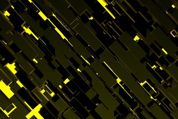 Abstract cubic 3D render illustration. Abstract design background.Yellow backlight abstract tech.