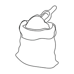 Continuous one line of bag of burlap with fresh flour and scoop in silhouette. Minimal style. Perfect for cards, party invitations, posters, stickers, clothing. Black abstract icon.