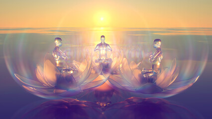 3d illustration of lotus Buddhas practicing the exchange of healing energy at dawn - obrazy, fototapety, plakaty