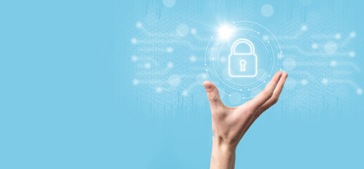 Cyber security network. Padlock icon and internet technology networking. Businessman protecting data personal information on tablet and virtual interface. Data protection privacy concept. GDPR. EU