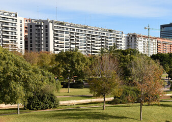 City park with gardens and trees in Valencia. Valencia Central Park on Turia River. Green trees in park. 