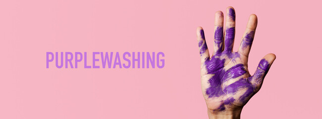 text purplewashing and raised hand, web banner