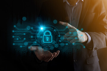 Cyber security network. Padlock icon and internet technology networking. Businessman protecting data personal information on tablet and virtual interface. Data protection privacy concept. GDPR. EU