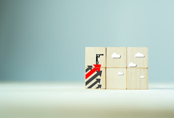 Searching new opportunities  concept. Visionary entrepreneur anticipating new trend. Professional ambitions, strategies, plans, creating innovation. New chance icon on wooden cube. Blue ocean strategy