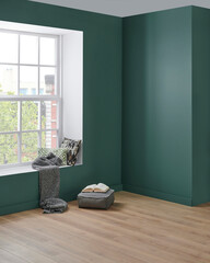 Modern corner room interior style, green wall background, chair concept, lamp blanket and pillow...
