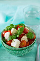 caprese salad on turquoise background