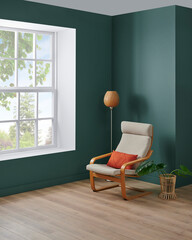 Modern corner room interior style, green wall background, chair concept, lamp blanket and pillow detail.