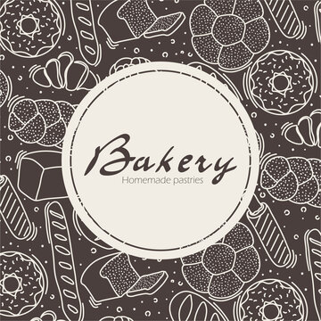 Trendy vector design for bakery or cafe.Illustrations of buns, bread,baguette, and other pastries for packaging, labels,or signage.Line art illustration of food for banner,flyer or menu.Lettering.