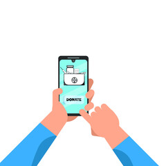 Humanitarian charity. Philanthropy. Flat vector People donate money, For medicine. hand holding camera