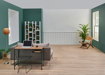 Decorative living room, sofa and television unit style, green and white wall background, bookshelf, working table with laptop, chair vase of plant.