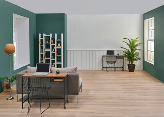 Decorative living room, sofa and television unit style, green and white wall background, bookshelf, working table with laptop, chair vase of plant.