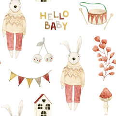 Watercolor seamless pattern with bunny, stars, flags, house, fly agaric. Isolated on white background. Hand drawn clipart. Perfect for card, postcard, tags, invitation, printing, wrapping.