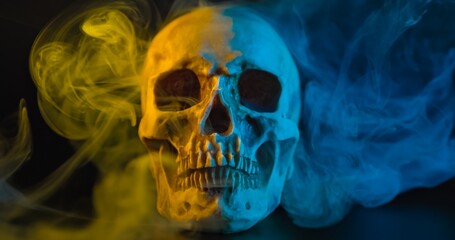 Human skull with yellow and blue lighting and smoke