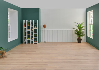 Empty living room, white bookshelf, vase of plant, lamp, home house concept, brown parquet.